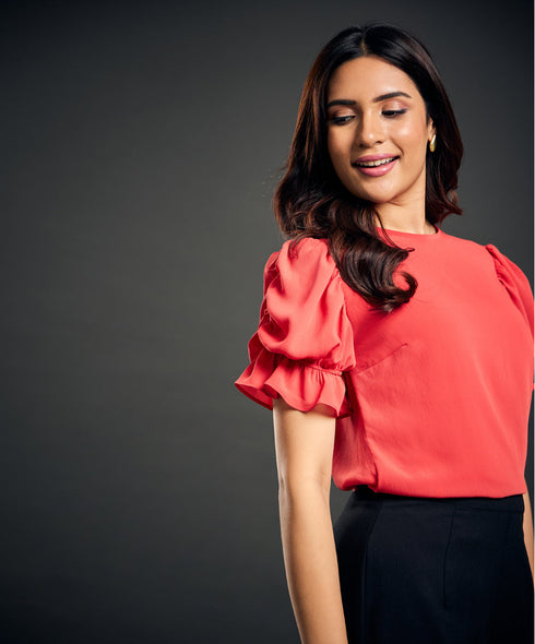 Sleeve Gathered Crepe Chiffon Top